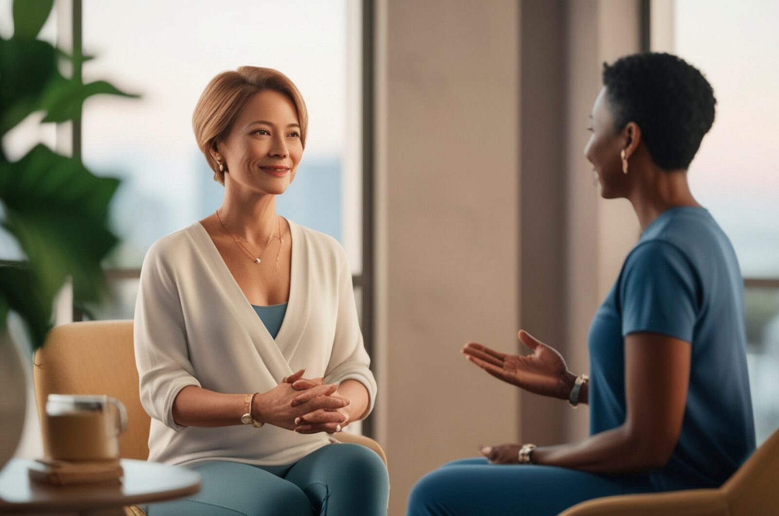 Therapist and client having a calm, supportive conversation in a therapy session focused on emotional well-being and growth
