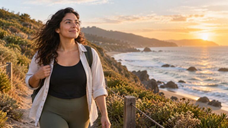 Woman walking outdoors in warm sunlight with a calm, hopeful expression