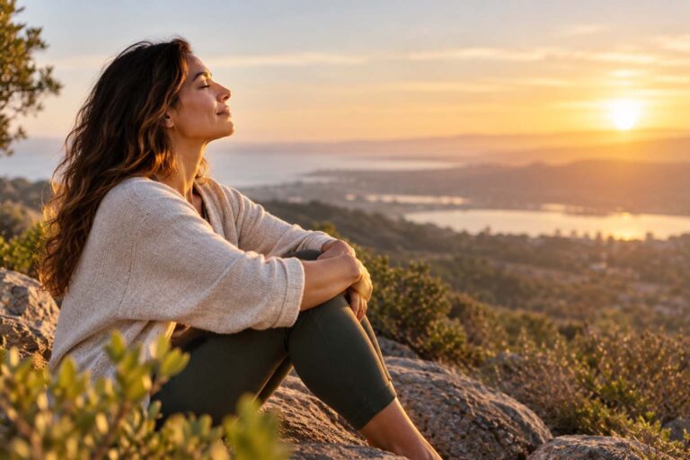 Woman sitting outdoors at sunset practicing calm body awareness