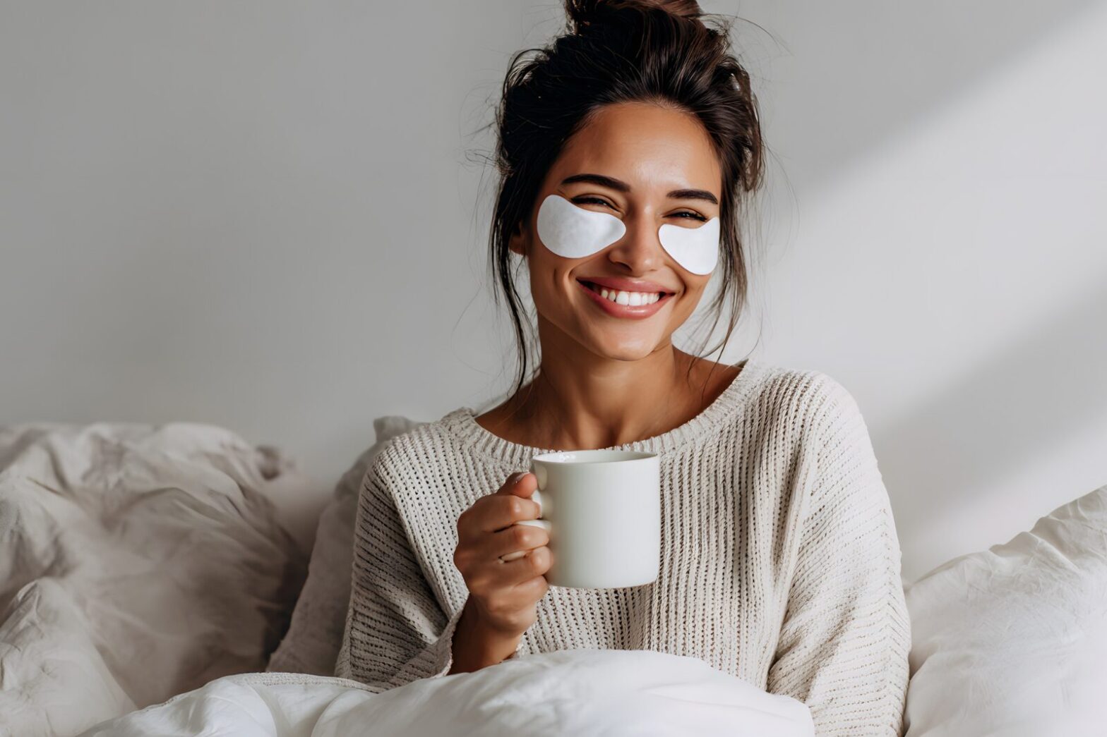 Smiling woman in bed with under-eye patches and a mug, practicing self-care to manage anxiety and depression.