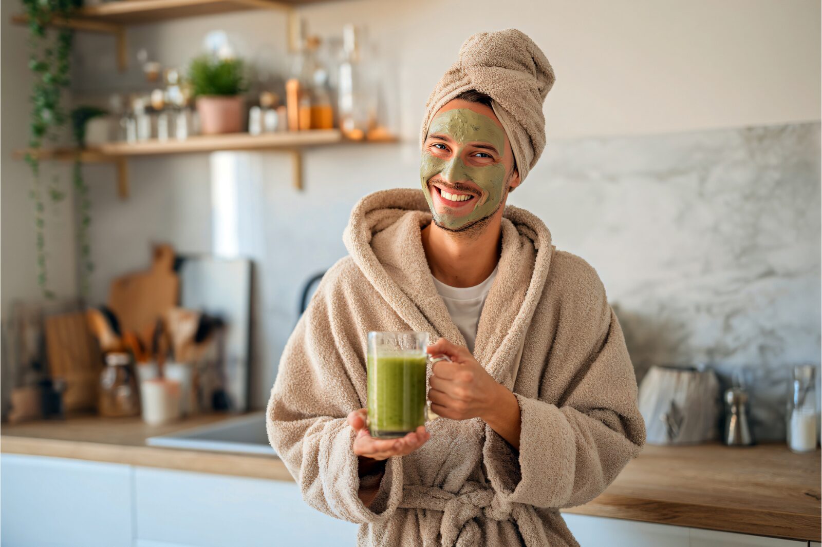 The Role of Self-Care in Managing Anxiety and Depression Person practicing self-care with a face mask and smoothie, promoting mental wellness and anxiety relief.