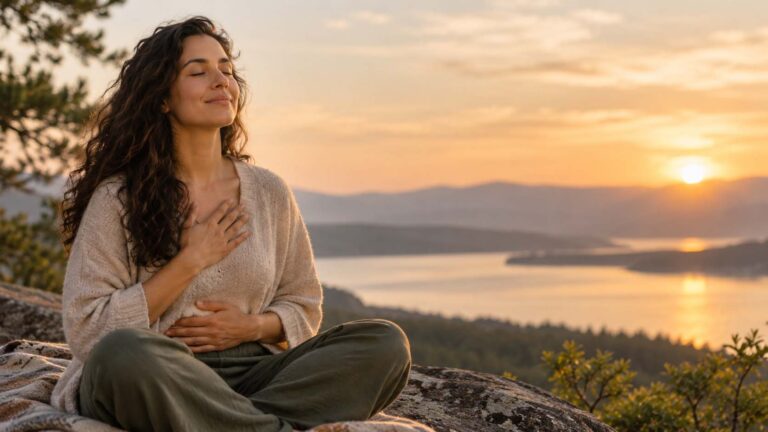 Woman practicing grounding and body awareness outdoors at sunset