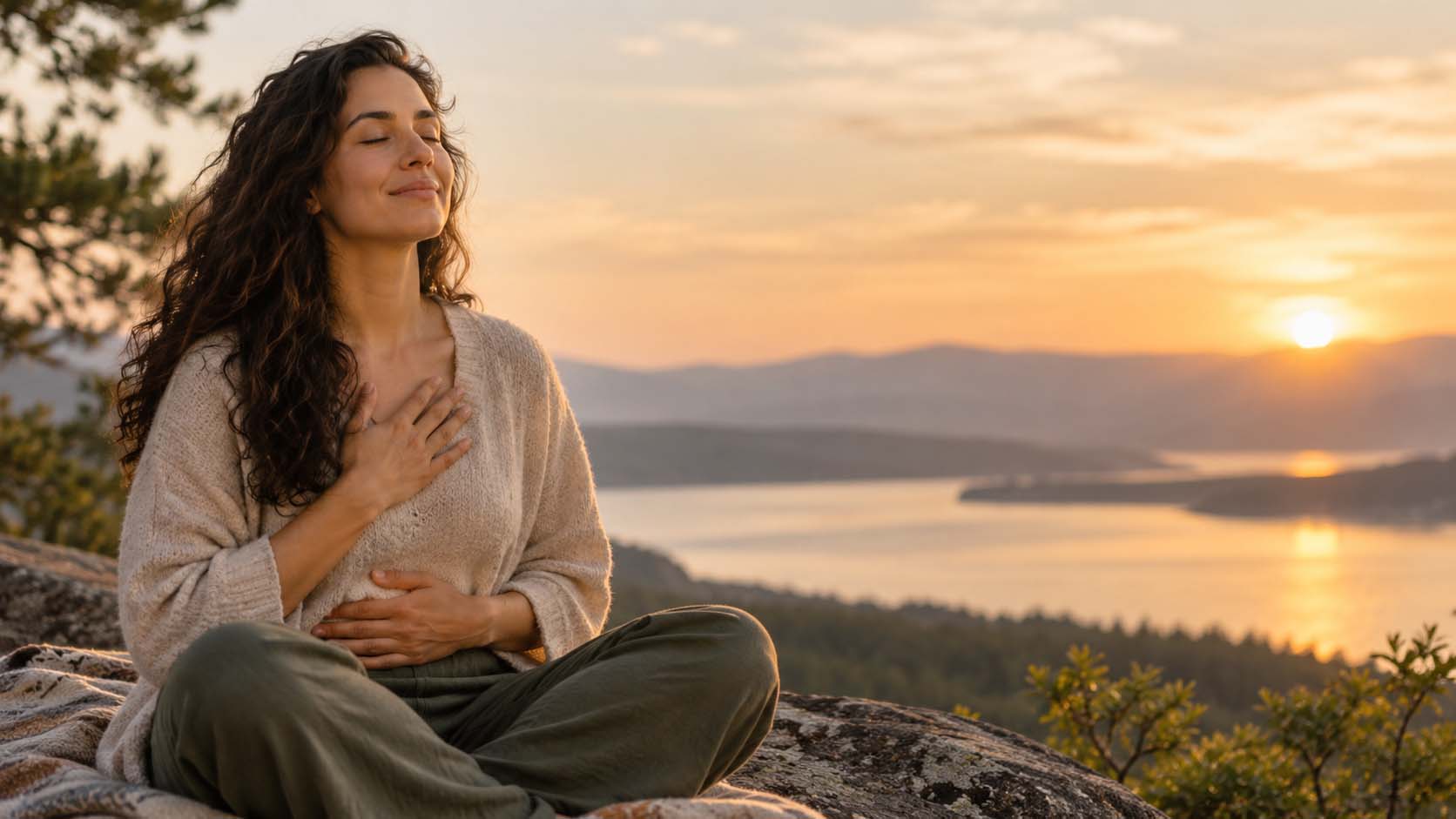 Woman practicing grounding and body awareness outdoors at sunset