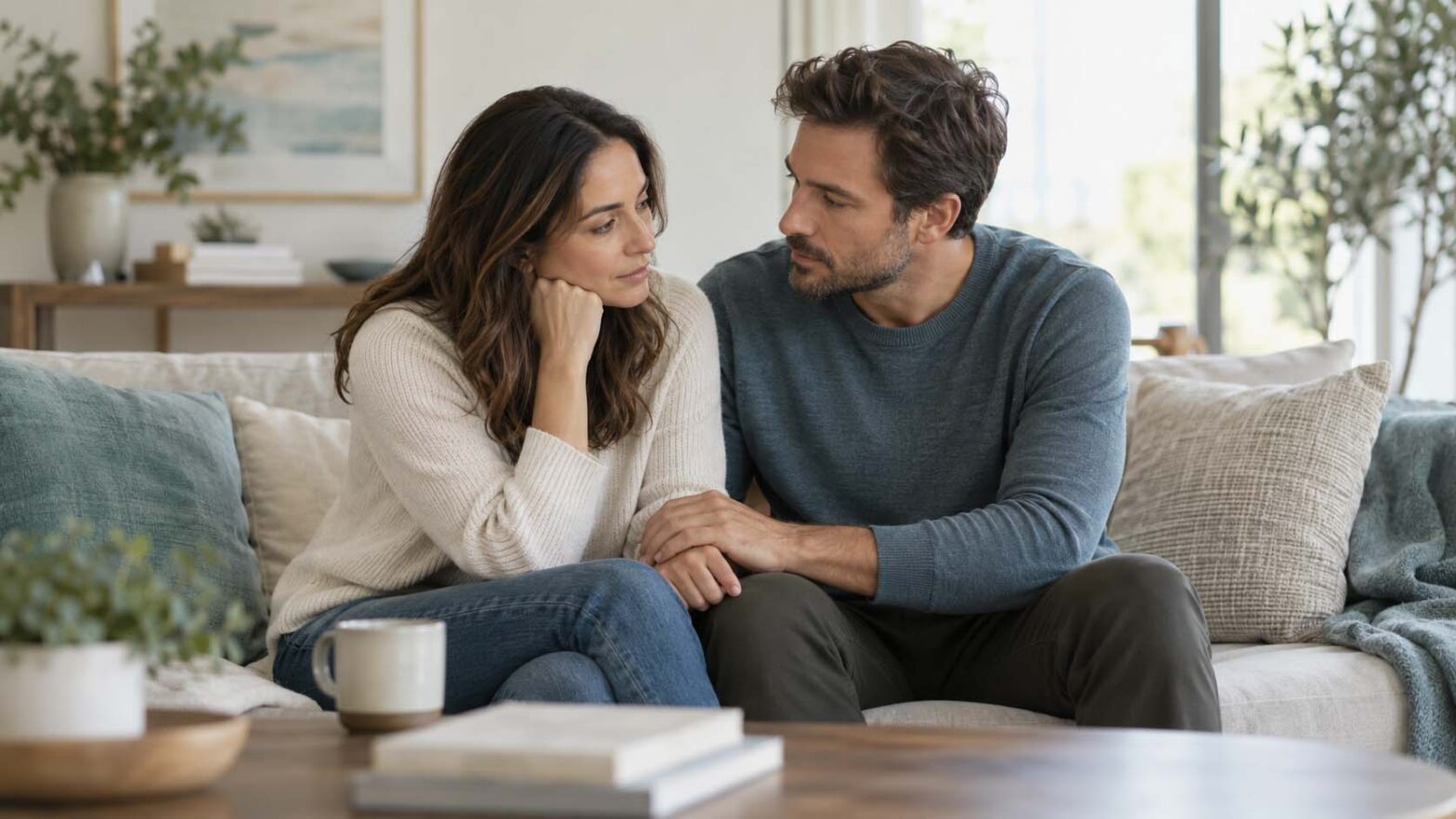 Couple talking together at home while navigating relationship stress and considering couples therapy in San Diego