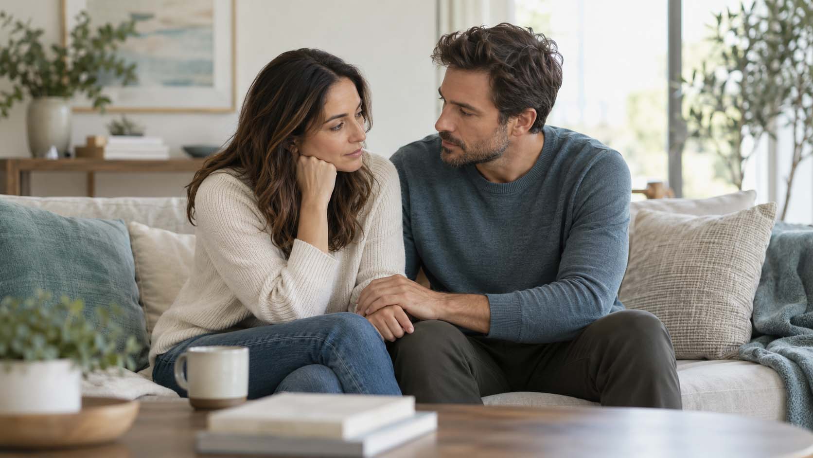 Couple talking together at home while navigating relationship stress and considering couples therapy in San Diego