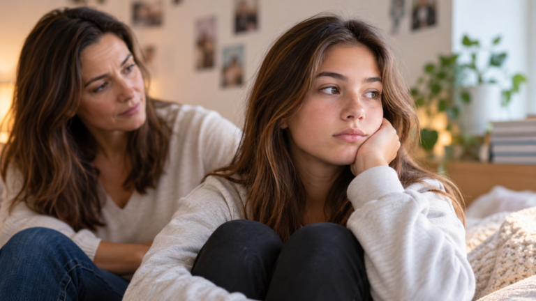 Teen girl looking thoughtful while her mother watches with concern