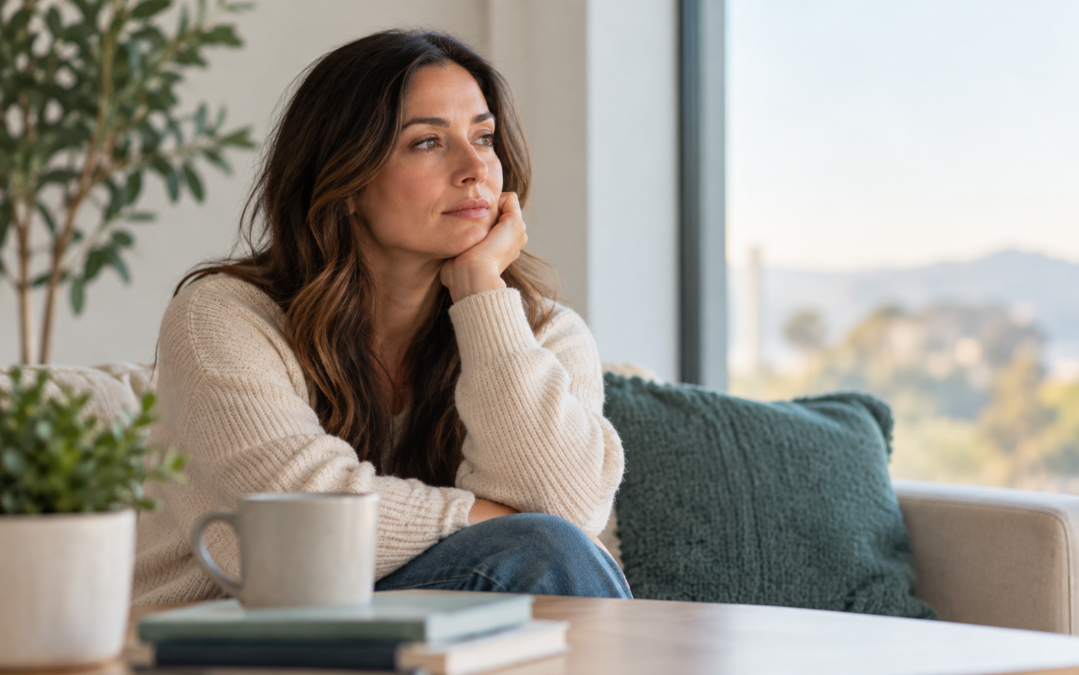 Woman sitting thoughtfully at home, reflecting on stress and anxiety