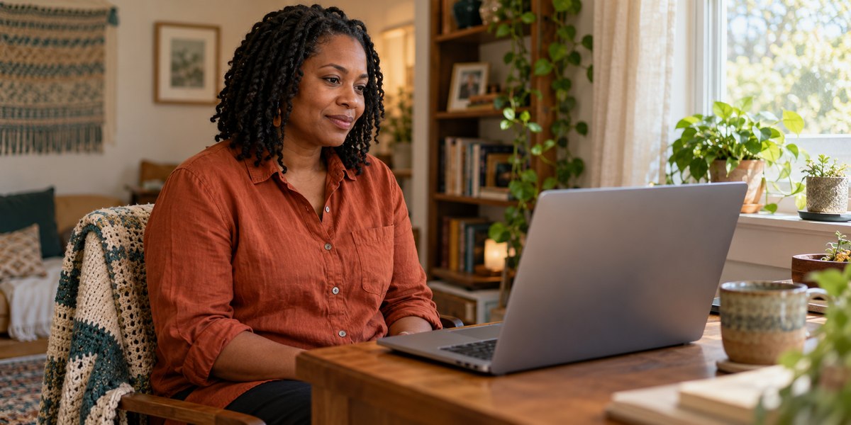 Woman sitting at a laptop beside a window at home