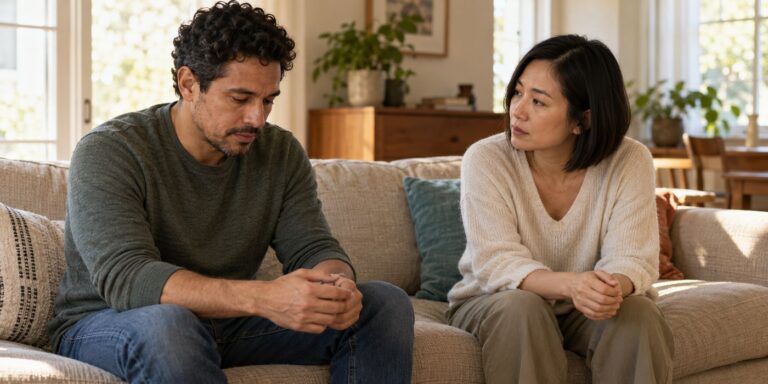 A man looks down at his hands while his partner sits beside him on a sofa.