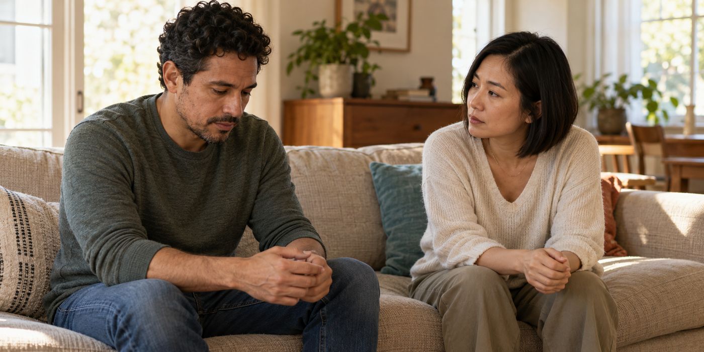 A man looks down at his hands while his partner sits beside him on a sofa.
