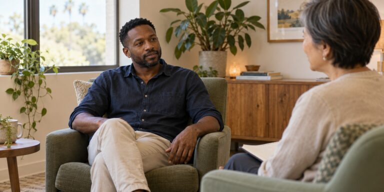 Black man talking with a therapist in a naturally lit office.