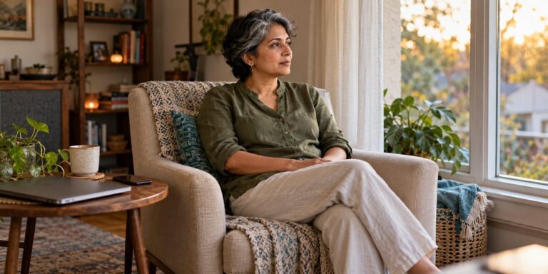 Woman sitting beside a window during a quiet break at home