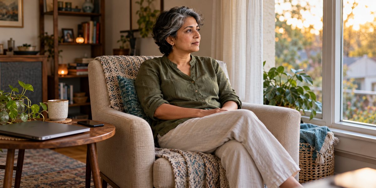 Woman sitting beside a window during a quiet break at home